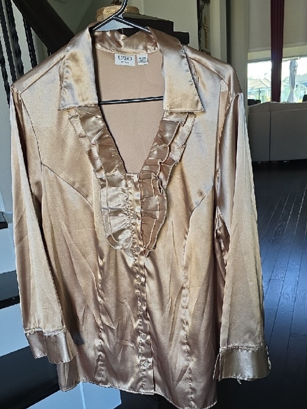 Cato Shimmery Gold Ruffle-Front Satin Blouse - Picture 9 of 13